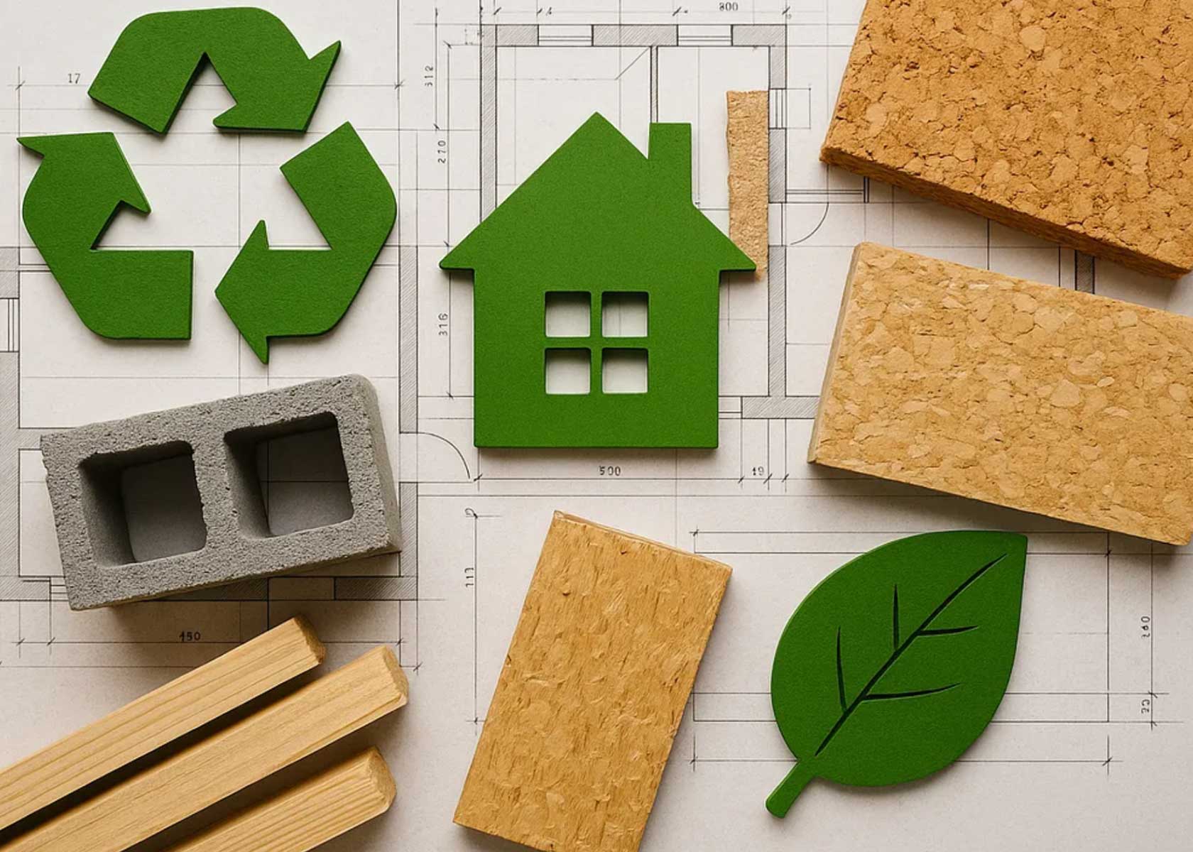 Few green pieces kept on a white blueprint depicting green construction materials