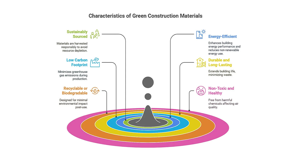 Infographic on green construction materials highlighting sustainability, low carbon, recyclability, energy efficiency, durability, and non-toxicity.